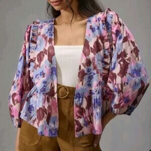 NWT Anthropologie Elizabeth Gillett Floral Ruffled Cropped Boho Kimono Jacket